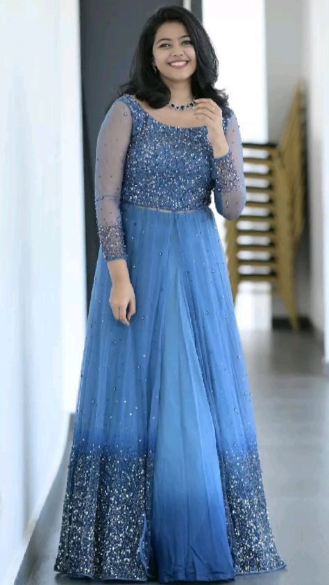 Blue Colour Gown Design, Reception Dress Ideas Indian, Birthday Party Wear Dresses Women, Churidar For Wedding, Reception Dress For Bride Sister, Engagement Dress For Bride Sister, Gown Party Wear Reception Dresses, Engagement Gowns Indian, Long Frocks Indian Designer Dresses