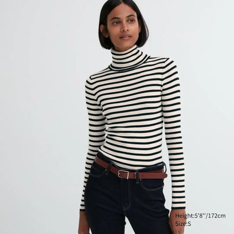 Striped Turtleneck Outfit, Uniqlo Turtleneck, Aw 2023, Turtleneck Outfit, Turtleneck Jumper, Crew Neck Cardigan, Ribbed Turtleneck Sweater, Turtle Neck Jumper, Short Cardigan