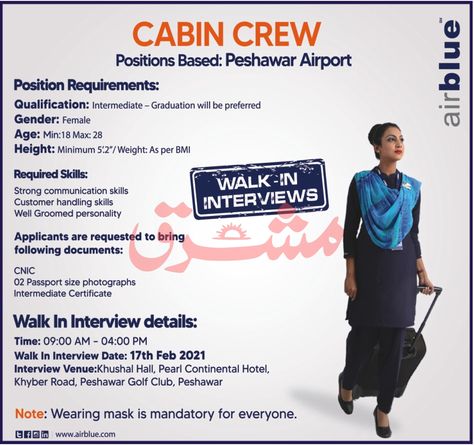 Latest New Careers opportunity has announced Airblue for Cabin Crew Jobs 2021 in Peshawar through walk in Interview. Those energetic, smart and self motivated candidates are looking to join pakistani top airline in private sector then here is excellent career chance to get start as cabin crew (flight attendant) in air blue airline. The jobs […] The post Cabin Crew Jobs 2021 in Airblue Airline (Walk in Interviews) appeared first on Rozgar Ki Dunya. Self Motivated, Cabin Crew Jobs, Job Advertisement, Jobs In Pakistan, Job Board, Private Sector, Cabin Crew, New Career, Career Opportunities