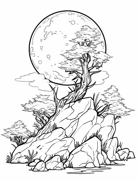 Nature Coloring Pages Free Printable, Nature Coloring Pages For Adults, Outdoor Coloring Pages, Nature Pictures Drawing, Jake Drawing, Landscape Ideas Drawing, Nature Line Drawing, Nature Outline, Moonlight Landscape