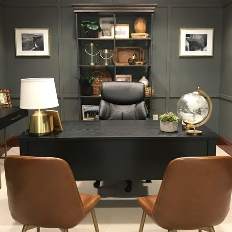 Sleek, sophisticated, and ready for business.  📷 (IG): @lauraaguilarinteriors    #nadeau #furniturewithsoul #homeoffice #homedecor #interiordesign #leatherchair #leather #modern #industrial #masculine #office Home Office Executive, Office Decor Male Professional, Globe Office Decor, Black Desk Home Office Ideas, Home Office Leather Chair, Office With Guest Chairs, Black And Leather Office, Coffee Table In Office, Attorney Office Decor Professional