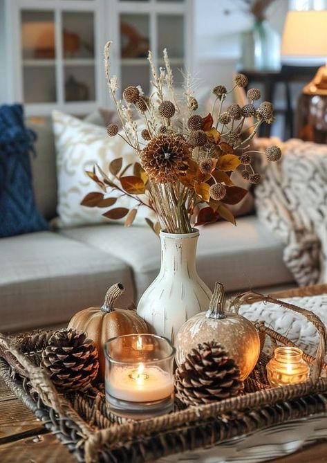 Fall Coffee Table Ideas, Fall Floral Arrangement Ideas, Autumn Centerpieces For Table, Coffee Table Fall Decor Ideas, Autumn Coffee Table Decor, Centre Table Decor, Indoor Fall Decor Ideas, Pumpkins And Candles, Fall Centerpiece Ideas