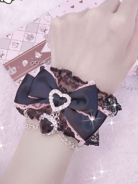 Introducing the Jirai Kei heart-shaped rhinestone charm bowknot wrist cuff with chains, available in 6 stunning color options. This wrist cuff features a charming heart-shaped rhinestone charm and a delicate bowknot design, adding a touch of kawaii and Lolita style to your outfit. The attached chains give it an edgy and unique look.   Please note that this product includes only one wrist cuff. Elevate your accessory game with this adorable and versatile wrist cuff! E Girl Outfits, Kei Fashion, Jirai Kei, Rabbit Rabbit, Fashion Inspiration Board, Pu Leather Bag, Choker Style, Wrist Cuffs, Turndown Collar