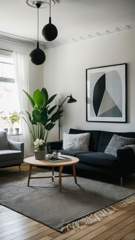 Transform your space with stylish decor ideas and chic inspirations. Find luxe accents and modern trends to create a sophisticated and elegant home. #HomeDecor #TrendyDesign #LuxeStyle White Green Black Living Room, Green Black Living Room, Moody Minimalist, Black Couch Living Room, Black Couch, Room Scandinavian, Trendy Interior Design, Black Living Room, Living Room Scandinavian