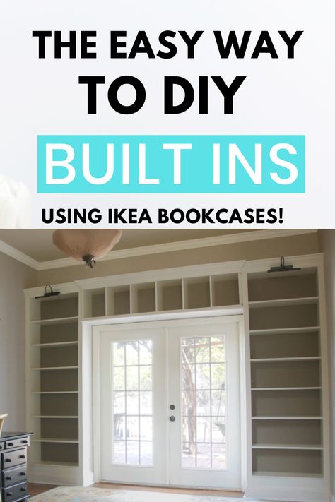 Built In Bookshelves Around Window Office, Built In Wall Shelves Around Window, Bookshelves Around French Doors, Built In Book Case Ideas, Built In Around Doorway, Billy Bookcase Desk Built In, Ikea Billy Bookcase Hack Bedroom, Diy Built In Bookcase Around Window, Ikea Billy Wood