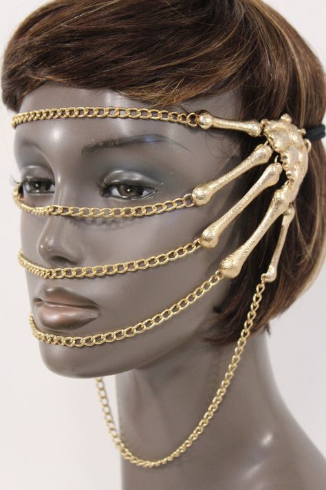 Trendy Fashion Unique, Chic Jewelry Accessory - Head Chain Skeleton Hand Face Mask. Made In The USA Style : Fashion / Casual / Halloween / Party/ Mardi Gras / CostumeCondition : Brand NewSize: One Size Fits All Material: Metal ChainsColor: Gold Chains Fashion Mask For A Special Event, Holidays Mouth Cover Halloween Party - Mardi Gras Adult Costume Head Piece Trendy Fashion Cool Accessory For Special Event Or For A Fun NightPlease Feel Free To Contact Us For Any Question Or Issue Head Chain Jewelry, Gay Christmas, Mouth Mask Fashion, Cover Face, Body Necklace, Casual Halloween, Mask Fashion, Face Jewellery, Metal Head