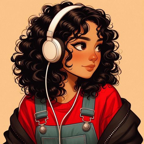 Curly Bun Drawing, Digital Art Curly Hair, Curly Hair Girl Cartoon, Girl With Curly Hair Drawing, Wavy Hair Cartoon, Cartoon Curly Hair, Pfp Curly Hair, Curly Hair Pfp, Curly Hair Cartoon