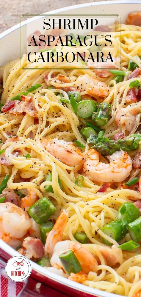 A classic pasta carbonara recipe with tender shrimp and spring fresh asparagus. This creamy pasta dish is quick and easy, making it perfect for those busy weekday dinners. Meals With No Cheese Dinners, Sauteed Shrimp And Asparagus Recipe, Summer Shrimp Dishes, Shrimp Pasta With Asparagus, Prawn Asparagus Pasta, Ideas For Shrimp Easy Dinners, Shrimp And Asparagus Alfredo, Fish Pasta Dinner Recipes, Shrimp With Asparagus Recipes