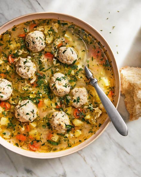 Natasha Kravchuk shares her family recipe for Turkey Meatball soup in her cookbook Natasha's Kitchen. "Baba (my mom) regularly makes this soup because it’s as soothing as it is delicious.You can also use ground chicken, pork or beef for the meatballs." #ELLEGourmetloves #easyweeknightdinner #meatballsoup #meatballs #turkeymeatballs #turkeysoup #turkeynoodlesoup Turkey Ball Soup Recipe, Ground Turkey Meatball Soup, Meatball Wrap, Soup With Orzo, Homemade Turkey Meatballs, Chicken Meatball Soup, Turkey Meatball Soup, Recipe For Turkey, Ground Turkey Meatballs