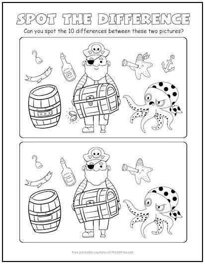 This free printable “Spot the Difference” picture puzzle featuring a pirate and his loot will test your child’s powers of observation. The two scenes may seem to be identical at first, but upon closer inspection it’s evident that some details were changed. Spot The Difference Printable, Find The Difference Pictures, Spot The Difference Puzzle, Disney Activities, Pirate Activities, Color By Number Printable, Picture Puzzles, Work Tools, Kids Corner