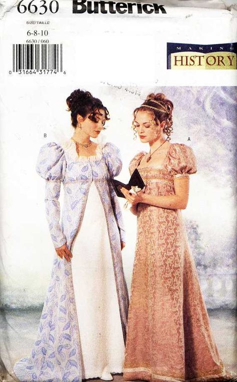 Butterick 6630 Making History Costume  Coat, Dresses Size: 6-8-10  Uncut https://goo.gl/xJAay7 Jane Austen Costume, Empire Gown, Butterick Patterns Vintage, Regency Gown, 18th Century Costume, Regency Dress, Costume Sewing Patterns, Dress History, Gown Pattern