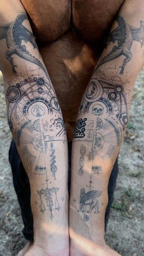 Ancient Style Tattoos, Spiritual Men Tattoos, Alchemy Tattoo Sleeve, Alchemical Symbols Tattoo, Alchemy Tattoo Ideas, Ancient Tattoo Designs, Alchemy Tattoo Symbols, Hermetic Tattoo, Alchemical Tattoo