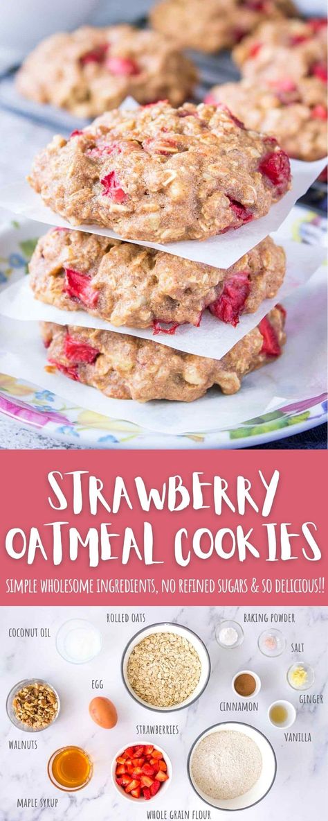 Strawberry Oatmeal Breakfast Cookies, Strawberry Yogurt Cookies, Strawberry Oatmeal Breakfast Bars, Oatmeal Recipes Breakfast Strawberry, Strawberry Breakfast Cookies Healthy, Healthy Strawberry Breakfast, Raspberry Oatmeal Cookies, Strawberry Snack Ideas Healthy, Strawberries Recipes Healthy