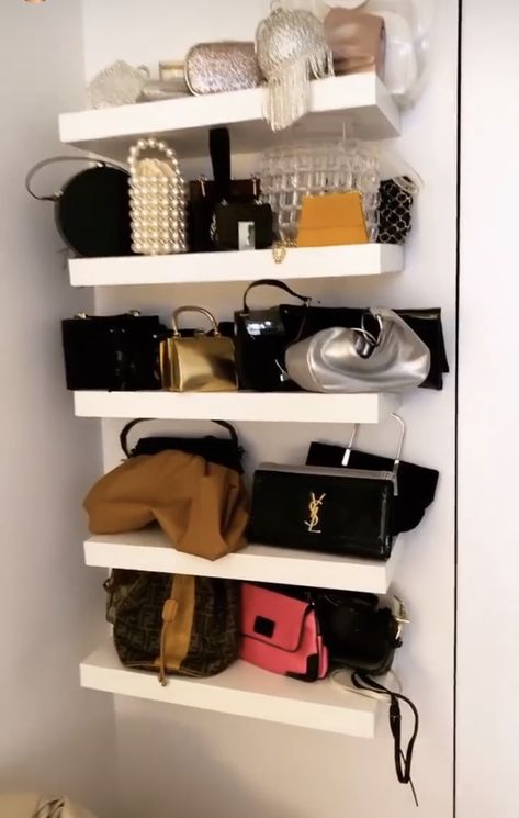 Purse Shelf Ideas, Bag Shelves Ideas, Bags Shelves Ideas, Purse Shelves, Purse Shelf, Small Girls Bedrooms, Bag Shelf, Small Closet Organization Bedroom, Design My Room