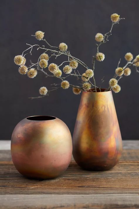 Antiqued Copper Vase | Anthropologie Treehouse Accessories, Rust Bedroom, Copper Kitchen Accents, Vase Styling, Blue And Terracotta, Terracotta Decor, Copper Bedroom, Neutral Abstract Art, Place Settings Thanksgiving