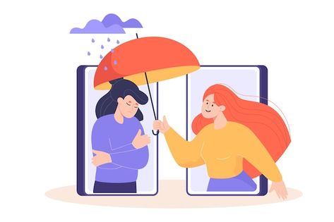 Counseling Illustration, Empathy Drawing, Compassion Illustration, Empathy Illustration, Therapy Friend, Girl Holding Umbrella, How To Show Empathy, Practice Empathy, Help Illustration