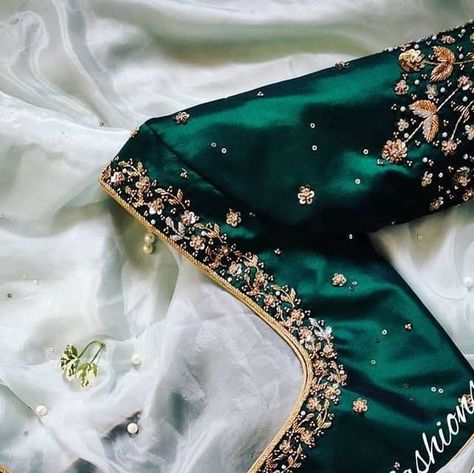 Dark green floral Work blouse Design Inspiration 💖 . Designer - @anu_designs_and_fashions . . . .… Bottle Green Bridal Blouse, Dark Green Bridal Blouse Design, Maggam Work For Green Blouse, Dark Green Maggam Work Blouse Designs, New Trendy Aari Work Blouse Designs, Dark Green Aari Work Blouse Design, Green Blouse Designs For Saree Silk, Green Work Blouse Designs, Green Pattu Blouse Designs