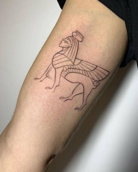 Fine line sphinx tattoo located on the inner arm. Sphynx Tattoo Egyptian, Sphinx Tattoo Egyptian, Sphinx Mythology, Sphynx Tattoo, Sphinx Tattoo, Mythology Tattoos, Greek Culture, Egyptian Culture, Egyptian Mythology