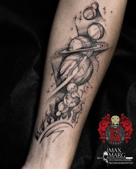 Space Black And Grey Tattoo, Unique Space Tattoos, Science Tattoo Sleeve, Space Sleeve Tattoo, Space Tattoo Sleeve, Astronomy Tattoo, Science Tattoo, Quarter Sleeve Tattoos, Astronaut Tattoo