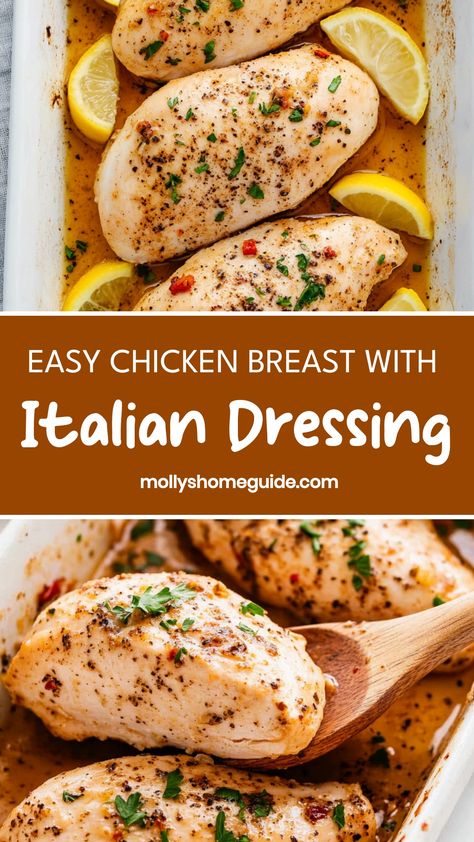 Treat your taste buds to a delightful experience with this succulent recipe featuring chicken breast marinated in zesty Italian dressing. A perfect blend of flavors that is sure to impress even the pickiest eaters at the table. Whether you're cooking for a weeknight dinner or hosting a special gathering, this dish is a guaranteed crowd-pleaser. Easy to prepare, yet so full of flavor, it's simply irresistible! Baked Chicken Recipes Italian Dressing, Chicken Baked In Italian Dressing, Zesty Italian Dressing Chicken, Chicken With Zesty Italian Dressing, Italian Dressing Recipe Chicken, Chicken Recipes With Italian Dressing, Italian Dressing Chicken Recipes, Easy Italian Chicken Recipes, Chicken In Italian Dressing