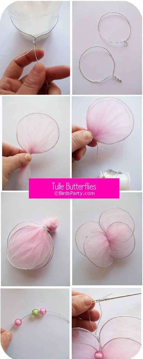 Party Printables | Party Ideas | Party Planning | Party Crafts | Party Recipes | BLOG Bird's Party: TUTORIAL: Tulle Butterflies Tulle Projects, Tulle Butterfly, Tulle Crafts, Diy Tulle, Butterfly Tutorial, Nylon Flowers, Diy Butterfly, Butterfly Party, Butterfly Crafts