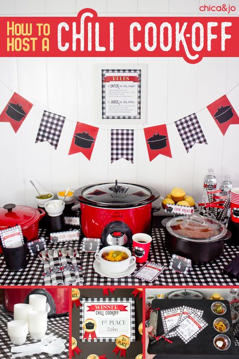 How to host a chili cook-off party including downloadable files for invitations, voting slips, banners, tags, and more! #chiliparty #chilicontest Cook Off Ideas, Chili Cook Off Ideas, Chilli Cookoff, Chili Bar Party, Wolf Brand Chili, Chili Fest, Chili Contest, Chili Party, Chili Pot