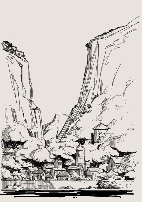 ArtStation - Daily Sketch - Mountain Village, George Brad Models Architecture, Environment Sketch, Concept Models Architecture, Daily Sketch, Nature Art Drawings, Pen Art Drawings, Landscape Sketch, White Drawing, Architecture Drawing Art