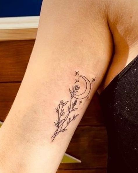 This is the tattoo my friend wojld like, but with larkspur instead. I’ll also add a photo of tbe larkspur she likes. Moon With Flowers, Tat Ideas, Flower Tattoo, Tatting, Moon, Tattoos, Flowers