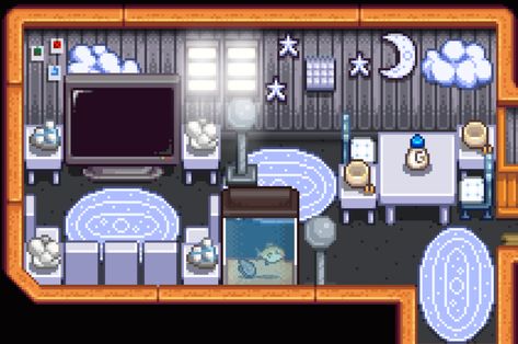 Stardew Valley House Interior Blue, Room Ideas Stardew Valley, Stardew House Decor, Goth Stardew Valley House, Stardew Room Ideas, Stardew House Interior, Stardew Valley Room Ideas, Stardew Decor, Stardew Valley Decoration Ideas