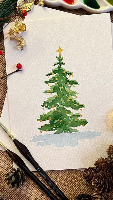 Watercolor Ideas Christmas, Xmas Diy Cards, Watercolor Painting Christmas Card Ideas, Painting Christmas Cards Acrylics, Christmas Water Colour Card, Holiday Card Watercolor, Christmas Tree Card Ideas, Watercolor Christmas Tree Cards, Christmas Painting Watercolor