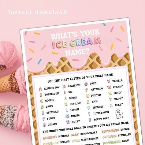 "Getting ready for an ice cream social or party? This listing has you covered with this fun, ice cream-themed PRINTABLE activity!! (1 PRINTABLE ice cream activity) ► This PRINTABLE Ice Cream Activity Includes: (1 activity; 3 total printable pages; in 2 sizes) * Ice Cream Name Creator (+name tags) ► Please READ prior to purchase: **THIS LISTING IS A DIY PRINTABLE** * This listing is for an INSTANT DOWNLOAD. You will not receive any physical items via mail. * Files CAN NOT be edited * Files will be available for download upon purchase. This file will be available in your Purchases. (www.etsy.com/your/purchases ) ► Files Included: (US Letter Size: 8.5\" x 11\" & 5\"x6.8\") * 1 PDF including 1 ice cream-themed name creator activity in 2 sizes + name tags [3 pages]  *note: name tags are offered Names For Ice Cream Shops, Ice Cream Social Games For Adults, Ice Cream Social Games, Pass The Ice Cream Sharing Activity, Ice Cream Name Tags, Ice Cream Social Decorations, Ice Cream Activity, Ice Cream Flavors Sign, Ice Cream Party Games