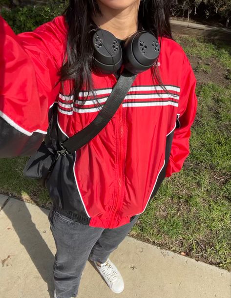 red windbreaker outfit with headphones Red Windbreaker Outfit, Windbreaker Outfit, Red Windbreaker, Fits Inspo, Fitness Inspo, Headphones, Red, Quick Saves, Clothes