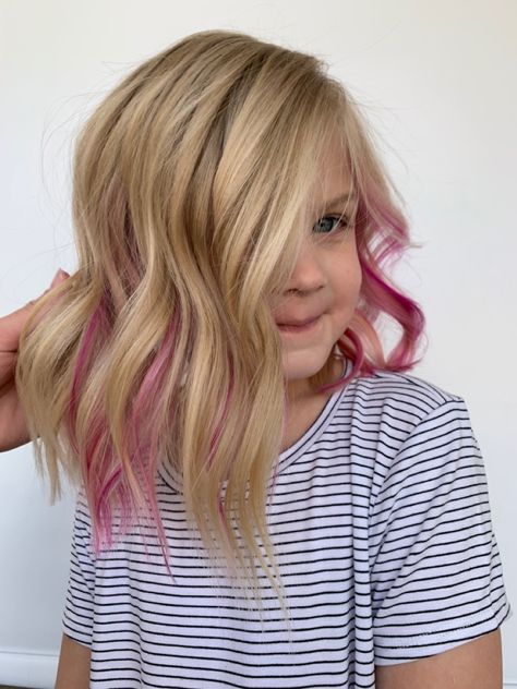 Pink peekaboo highlights for my 5 year old Colored Hair Streaks Blonde, Hair Cuts For 5 Year Girl, Haircuts For 5 Year Girl, Blonde Highlights With Color Streak, Hair Color For Kids, Girls Hair Dye Ideas, Colored Peekaboo Highlights, Haircut For 5 Year Girl, Highlights For Kids