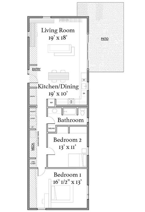 Long Narrow Apartment Layout, Narrow Apartment, Narrow House Plans, Granny Flats, Welcome To Home, Long House, Modular Kitchen Designs, Small House Floor Plans, Apartment Floor Plans