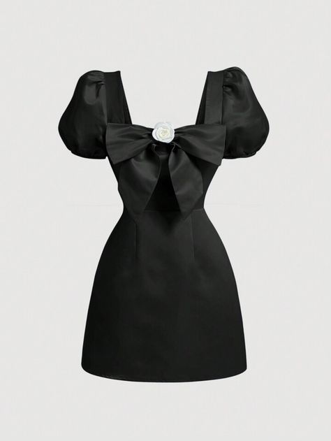 Baby Blue Elegant Collar Short Sleeve Woven Fabric Plain A Line Embellished Non-Stretch Women Clothing Shein Short Dress, Shein Graduation Dress, Short Classy Dresses, Classy Dress Short, Short Classy Dress, Shein Dress Classy, Bow Dresses Women, Graduation Dress Black, Classy Dresses Short