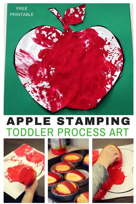 This toddler apple activity includes lots of action, so it's the perfect fall idea for busy little kids. A great process art that also builds fine motor skills! #toddlers #apples #art #fall #finemotor #printable #AGE2 #teaching2and3yearolds Toddler Apple Activities, Library Preschool, Preschool Apples, Apple Lesson Plans, Apple Printable, Apple Stamping, Apples Art, Apple Song, Apple Week