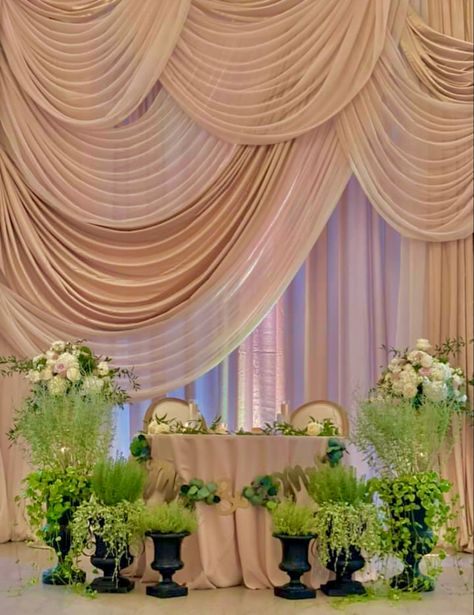 Draping, lighting, florals, wedding decor inspo Burlap Drapes, Draping Wedding, Peacock Wedding Theme, Florals Wedding, Peacock Wedding, Sweetheart Table, Cheese Cloth, Wedding Theme, Art Designs