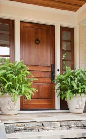 10 stained wooden front door with glass pane sidelights - Shelterness Doors Wooden, Modern Front Door, Wood Front Doors, Wooden Front Doors, Front Door Entrance, Wooden Door Design, Front Steps, Front Door Design, Glass Front Door