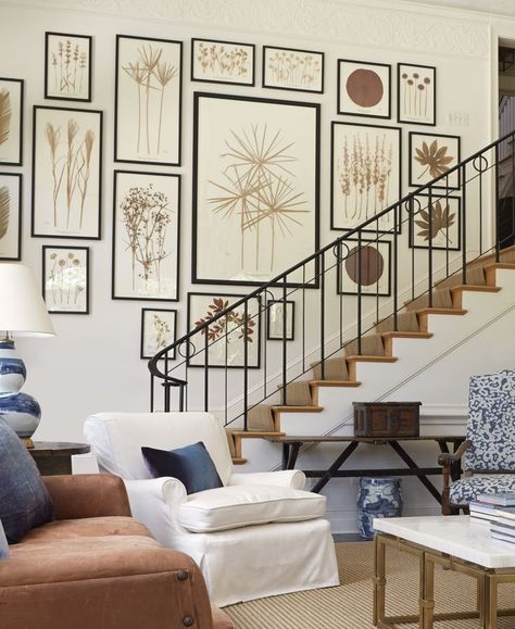 Gallery wall of sepia-toned botanicals by South Carolina artist Becky Davis Stairway Art, Stairway Gallery Wall, Stairway Gallery, Gallery Wall Staircase, Stair Wall, Staircase Wall, Gallery Wall Inspiration, Gallery Wall Ideas, Stair Case