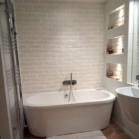 UK Feature Walls on Instagram: “Another bathroom making use of our Old White Brick Tiles - super modern 😎😍 #whitebricks #whitebrick #whitebricktiles #bricktiles #bricks…” White Brick Tiles Bathroom, Brick Bathroom Ideas, White Brick Bathroom, Brick Bathroom Wall, Exposed Brick Bathroom, White Brick Wall Interior, Brick Wall Bathroom, Brick Tiles Bathroom, White Tile Bathroom Walls