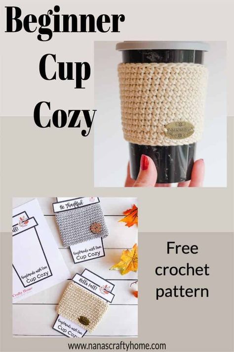 Easy Crochet Coffee Sleeve, Beginner Crochet Coffee Cozy, Crochet Cup Cozy Tutorial, Beginner Crochet Cup Cozy, Easy Cup Cozy Crochet Pattern, Crochet Coffee Holder, Easy Crochet Cup Cozy, Cozy Cup Crochet Pattern, Crochet Pumpkin Cup Cozy