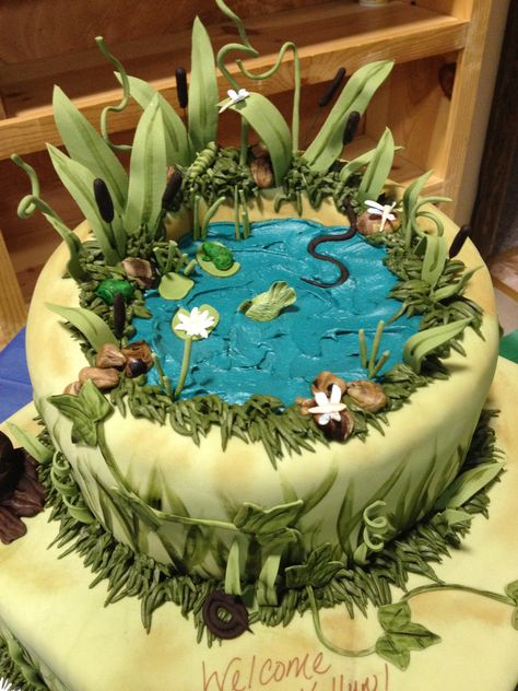 Pond themed Dora And Diego, Diego Cake, Lake Cake, Pond Cake, Nature Cake, Dora Cake, Small Birthday Cakes, Butter Cream Frosting, 70th Birthday Cake