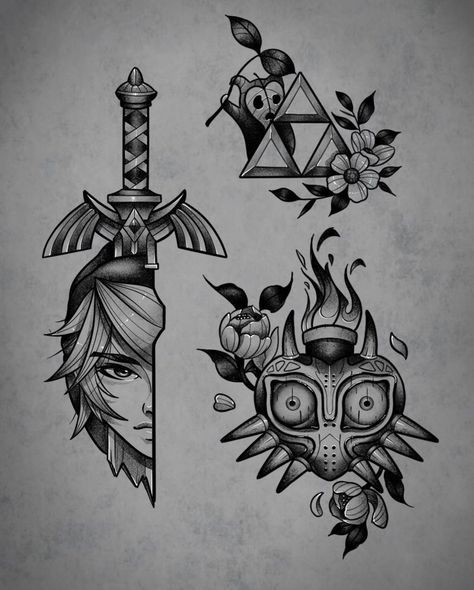 Zelda Art Tattoo, Legend If Zelda Tattoo, Link Zelda Tattoo Ideas, Cool Video Game Tattoos, Legend Of Zelda Tattoo Design, Link And Zelda Tattoo, Zelda Back Tattoo, Triforce Tattoo Design, Traditional Zelda Tattoo