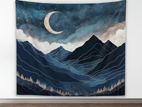 Starry Night With Moon, Boho Mountain, Nordic Wall Decor, Mountain Tapestry, Weaving Loom Projects, Blue Tapestry, Moon Blue, Wall Decor Abstract, Boho Tapestry