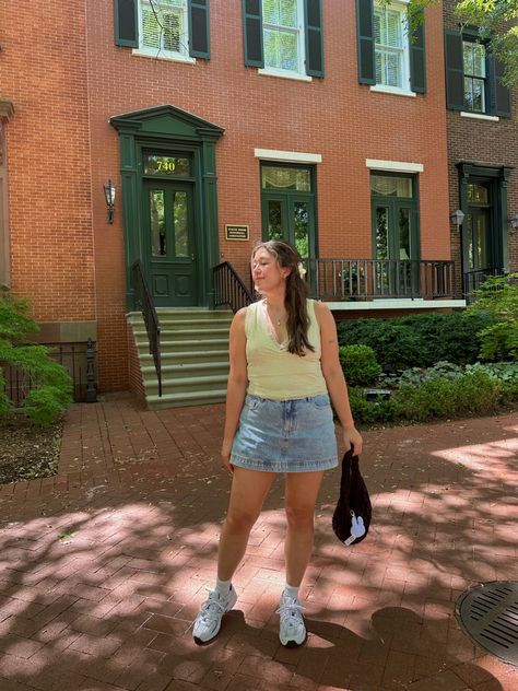 yellow top, cos bag, miffy charm, denim skirt, summer outfit, mini skirt, new balance 530 Denim Skirt Summer Outfit, Miffy Charm, Nb 530, Cos Bag, Midsize Outfits, Denim Skirt Outfits, Skirt Summer, Yellow Top, Denim Mini Skirt