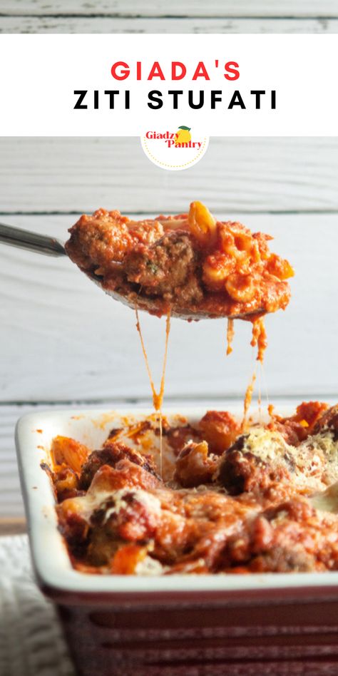 This ziti stufati is Giada and Raffy's twist on a classic baked ziti. With mini meatballs and sliced hard-boiled eggs, this baked pasta dish takes the flavor to a whole new level. Giada Baked Ziti, Giada Pasta Recipes, Giadas Kitchen, Ziti Stufati, Giada De Laurentiis Recipes Pasta, Giada In Italy, Classic Baked Ziti, Silvia Colloca, Giada De Laurentiis Recipes