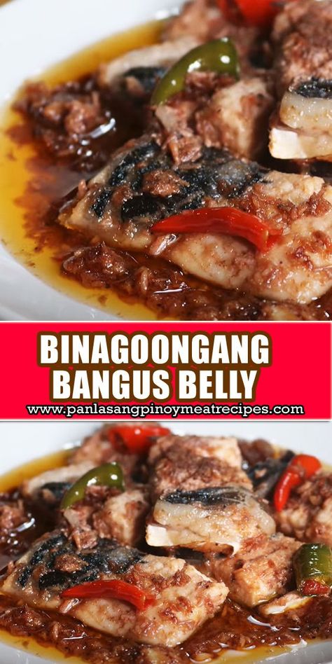 Binagoongang Bangus Belly is a Filipino dish that features tender milkfish belly cooked in a savory shrimp paste sauce. #BinagoognangBangusBelly Bangus Belly Recipe, Bagoong Alamang, Bangus Recipe, Panlasang Pinoy Recipe, Pinoy Foods, Filipino Dish, Foodie Pics, Easy Meat Recipes, Shrimp Paste