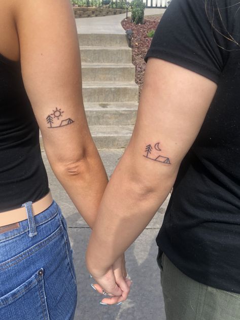 Camping Couple Tattoos, Best Friend Tattoos Outdoors, Scouts Tattoo Ideas, Matching Nature Tattoos Best Friends, Trekking Tattoo, Caravan Tattoo, Camp Tattoo, Small Travel Tattoos, Tattoo Ideas Travel