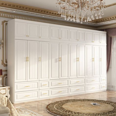 Red Barrel Studio® Amulree Solid + Manufactured Wood Armoire | Wayfair Wood Built Ins Bedroom, Wall Of Closets Built Ins, Cabinet Design Bedroom, Gold Closet, White Armoire, Bedroom Built In Wardrobe, Dream Closet Design, Wood Armoire, Bedroom Armoire