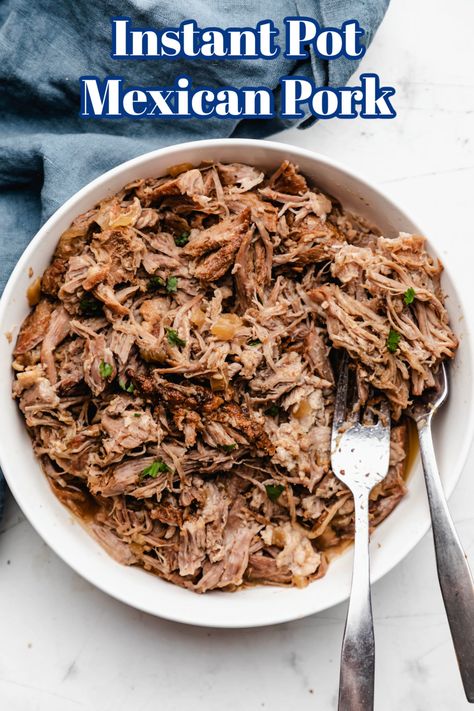 Instant Pot Mexican Pork recipe makes tender, flavorful shredded pork. This Mexican-style shredded pork makes a great filling for tacos, burritos, and more! Boneless Pork Sirloin Roast, Pulled Pork Instant Pot Recipe, Mexican Pulled Pork Recipe, Mexican Pork Recipes, Shredded Pork Tacos, Shredded Pork Recipes, Pork Burritos, Boneless Pork Shoulder Roast, Pork Sirloin Roast